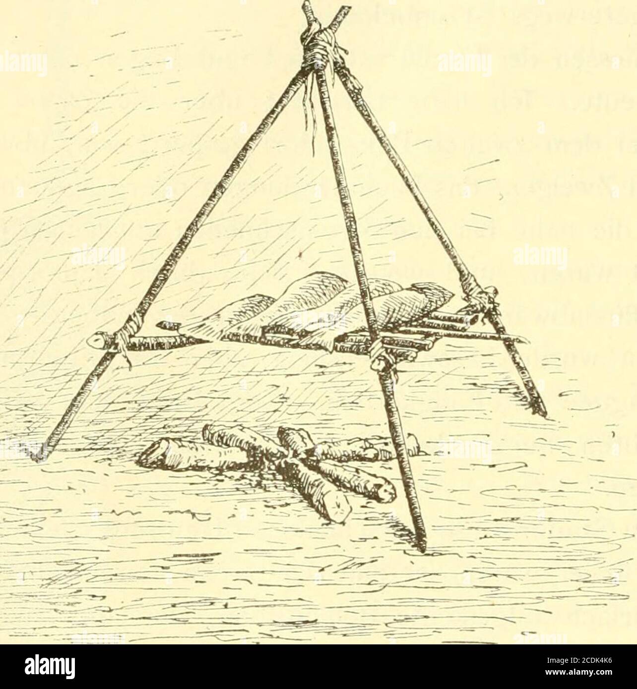 . Unter den naturvölkern Zentral-Brasiliens. Reiseschilderung und ergebnisse der zweiten Schingú-Expedition, 1887-1888 . bereits zugeschitzter Stöcke, die noch verschiedene Länge hatten,gleich machte. P2R hatte fol-gende Art Massstab. Er nahm ein Stück Schaftrohr a – b und ein anderes c – d,Band sie untereinander parallel bei b und c zusammen und gebraucht nun dasfreie Stück von c – d zum Messen, indem er den zu messenden Stock entlangte, bei b aufstützte, bei d scharf umritzte und abbrach. Die Indianer ziehen häufig für einige Tage aus, um dem Fischfang zu ziehen.Sie bringen backene Fische mi Stockfoto