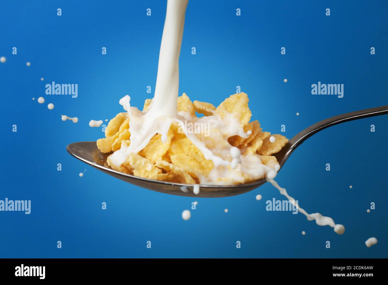 Milch spritzt in einen Löffel voller Cornflakes Stockfoto