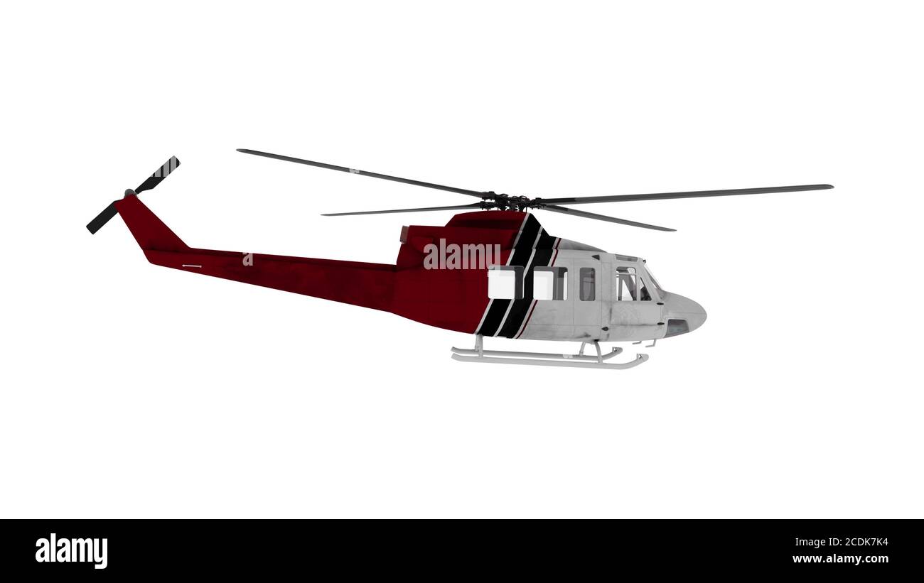 Hubschrauberflug auf weißem Hintergrund. Seitenansicht. 3d-Rendering Stockfoto