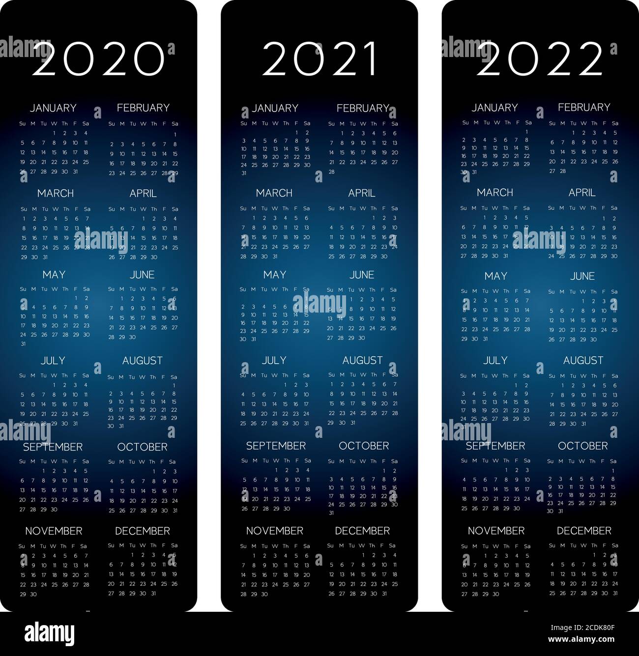 Vertikale Reihe Kalender 2020-2021-2022 Vektor text Outline Font ist ARMATA Stock Vektor