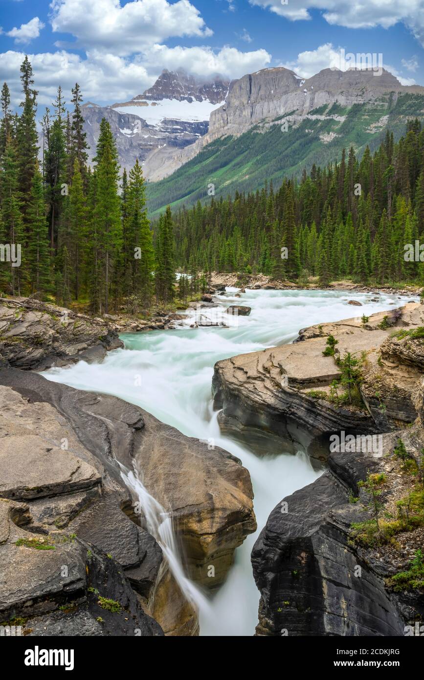 Der Mistaya Canyon fällt entlang des IIcefieeeeee Parkway, Banff National Park, Alberta, Kanada. Stockfoto