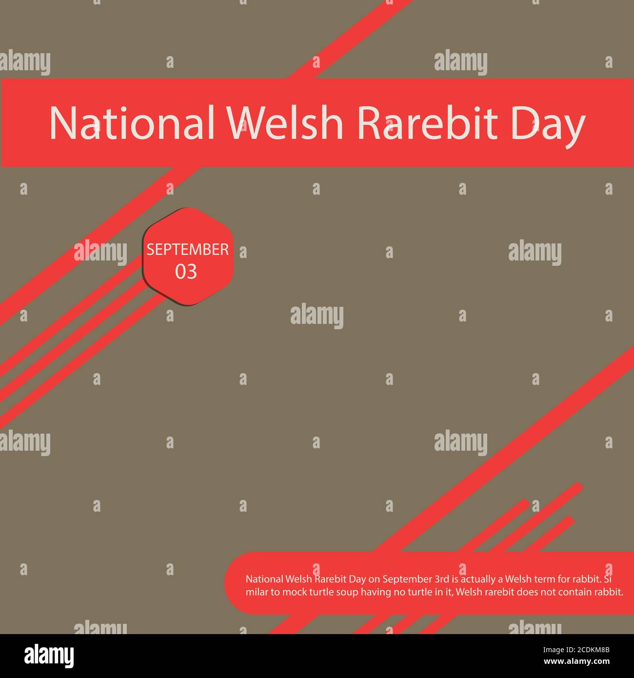 Der National Welsh Rarebit Day am 3. September ist eigentlich ein walisischer Begriff für Kaninchen. Ähnlich wie eine Schildkrötensuppe ohne Schildkröte, walisische Rarebit-Rehe Stock Vektor