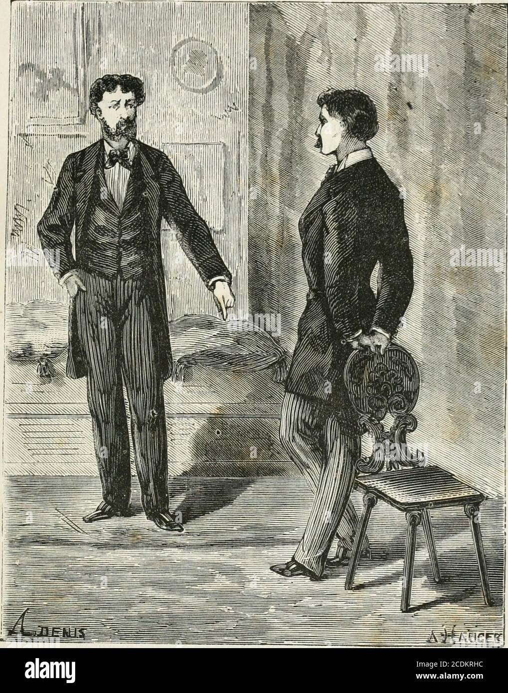 . L'étang des soeurs-grises . celle par laquelle il était venu lui-même,en quittant Milan. Sur le pont, il crot distinguer la Robe Blanche de Denise. En quelques bonds furieux, il se approcha de lembarcadère, etreconnut, en effet, Denise debout à côté du marquis. Elle tenaitsa fille dans ses bras. Tout le monde se retournait pour regarder cet homme effrayant,qui menaçait de renverser quiconque se serait trouvé sur sonpassage. Auf criait :- Arrêtez-le ! Sans savoir pourquoi, Mais devinant quil allait faire un mal-heur, meurtre ou Suicide ! Denise! Denise! Me voila hurlait-il. Elle lentendi Stockfoto