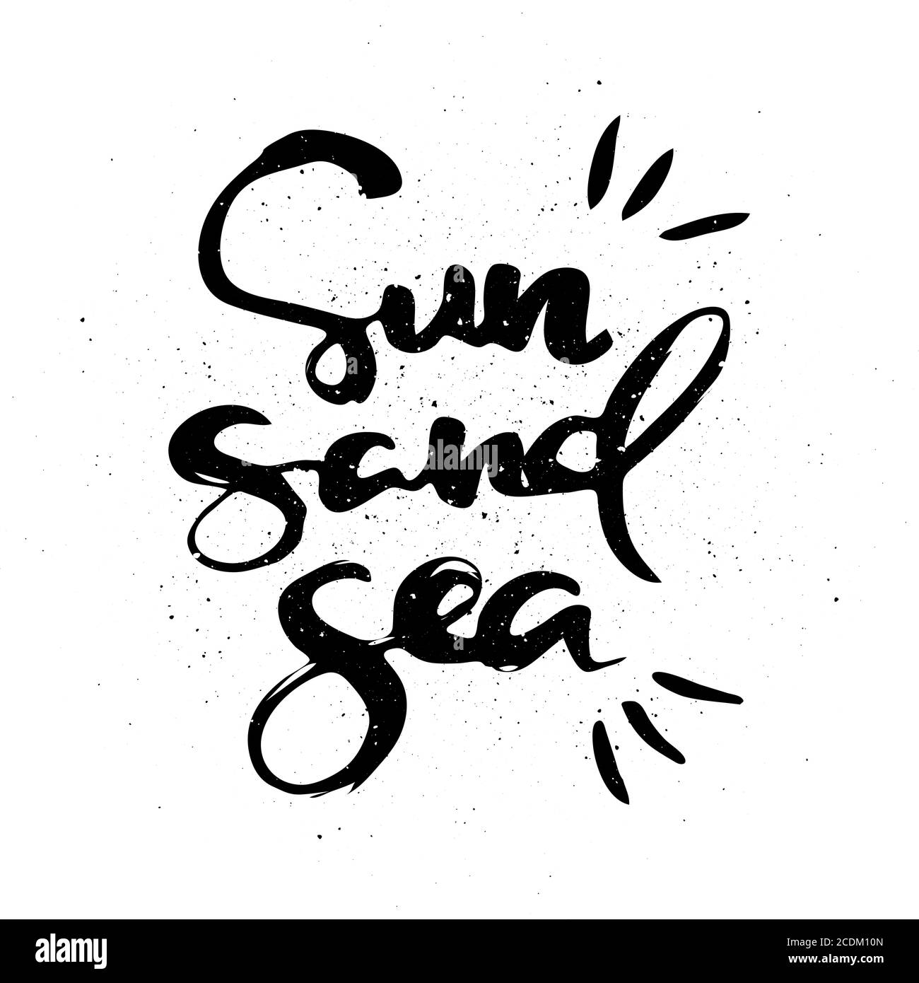 Sonne, Sand, Meer. Vektor motivierende Phrase. Handgezeichnete, verzierte Schriftzüge. Handgezeichneter Doodle-Druck Stock Vektor