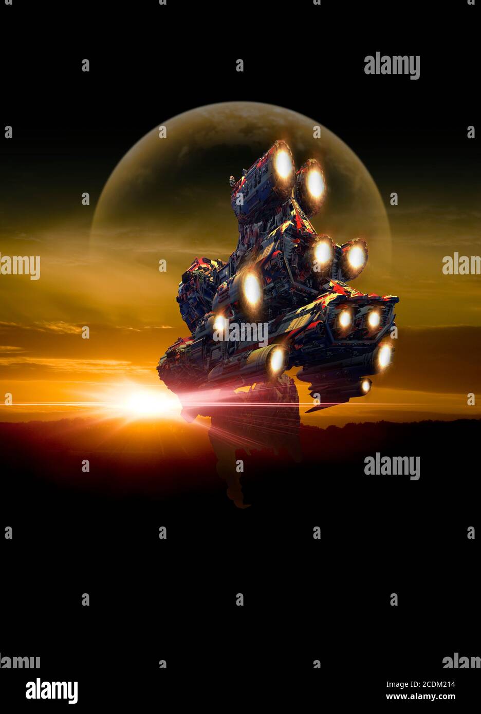 Abbildung eines Raumschiffs, das über einem fremden Planeten fliegt. Stockfoto