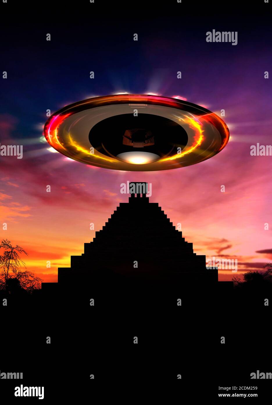 Nicht identifiziertes fliegendes Objekt (UFO) über einer Maya-Pyramide, Illustration. Stockfoto