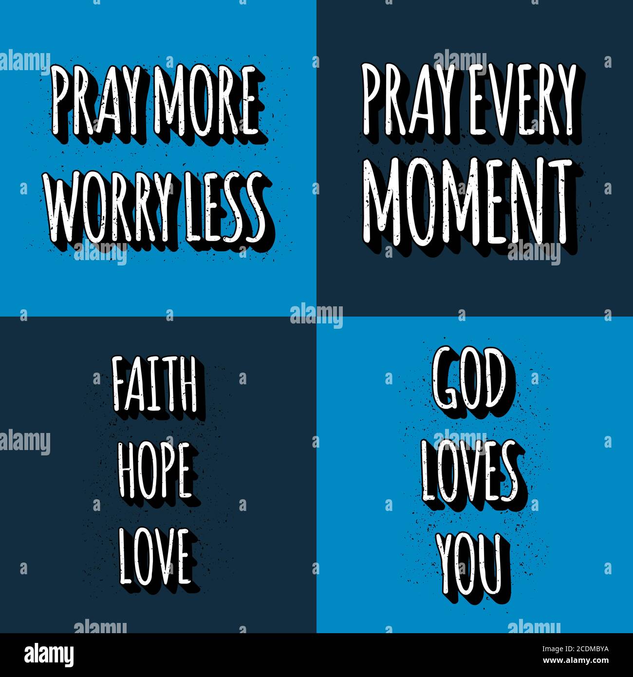 Satz von christlichen Buchstaben Zitate. Vektor Motivation Phrasen . Beten Sie Mehr Sorgen Weniger. Betet Jeden Moment, Glaube Hoffnung Liebe, Gott Liebt Euch Stock Vektor