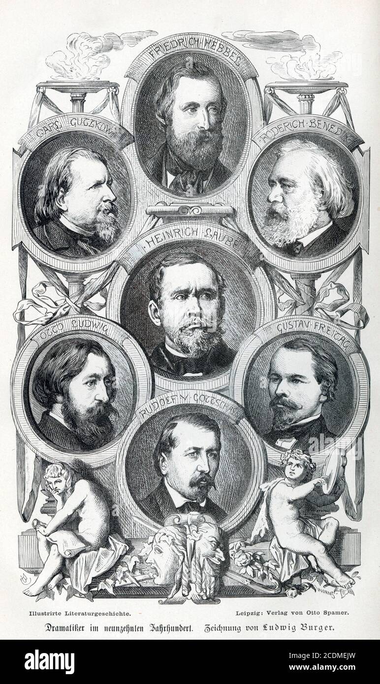 Dramatiker des 19. Jahrhunderts: Friedrich Hebbel, Karl Gutzkow, Roderich Benedix, Heirnich Laube, Otto Ludwig, Rudolf von Gottschall, Gustav Freitag. Stockfoto