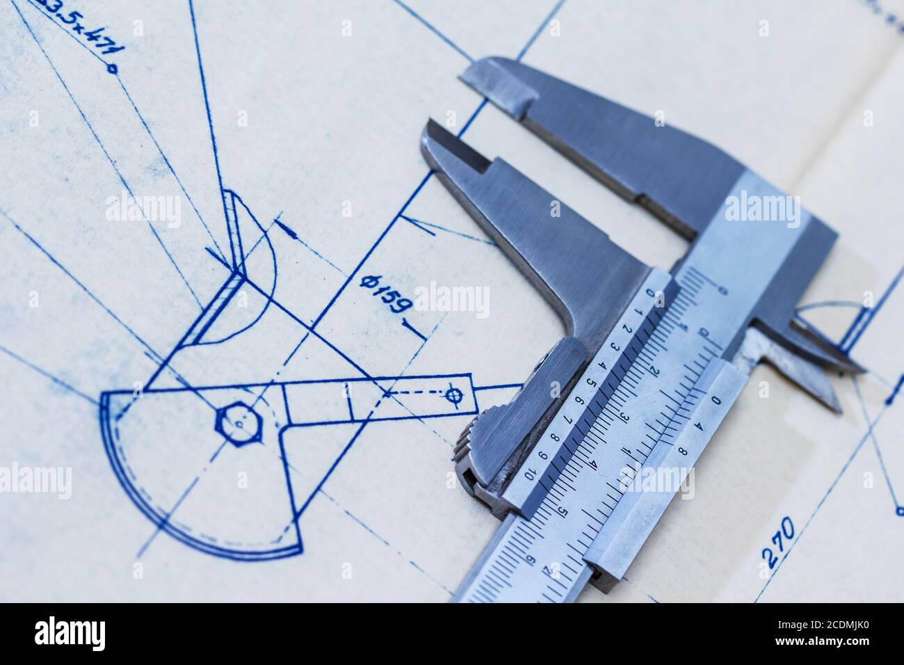 Sehr detaillierte Maschinenbau Blaupause mit Manometer / Bremssattel Stockfoto