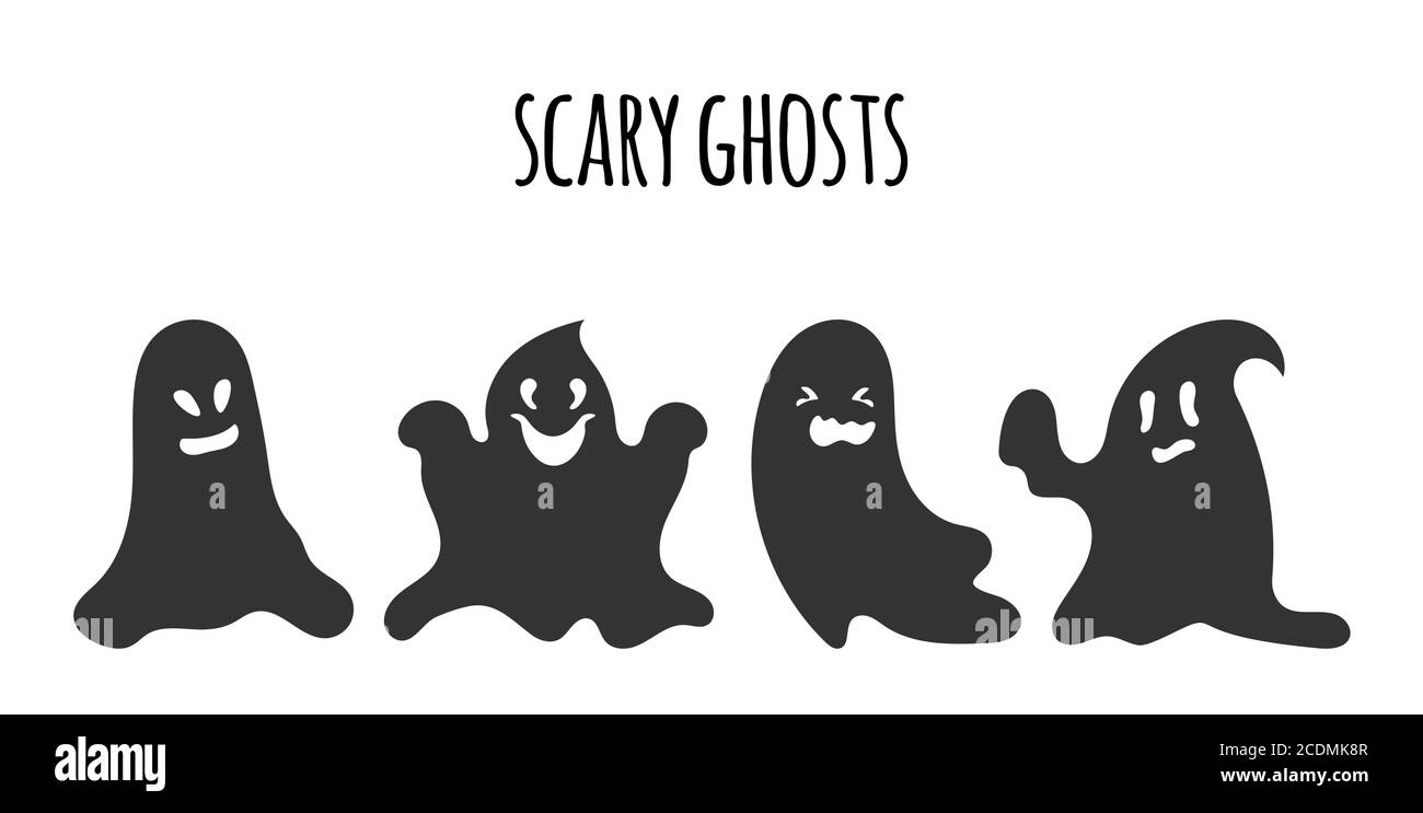 Silhouette schwarz Geist gesetzt. Happy Halloween Charakter mit beängstigend oder überrascht Gesichtsform. Gruselig lustig niedlichen Spuk. Toll für Postkarten im Urlaub. Horror im Oktober. Isolierte Vektordarstellung Stock Vektor