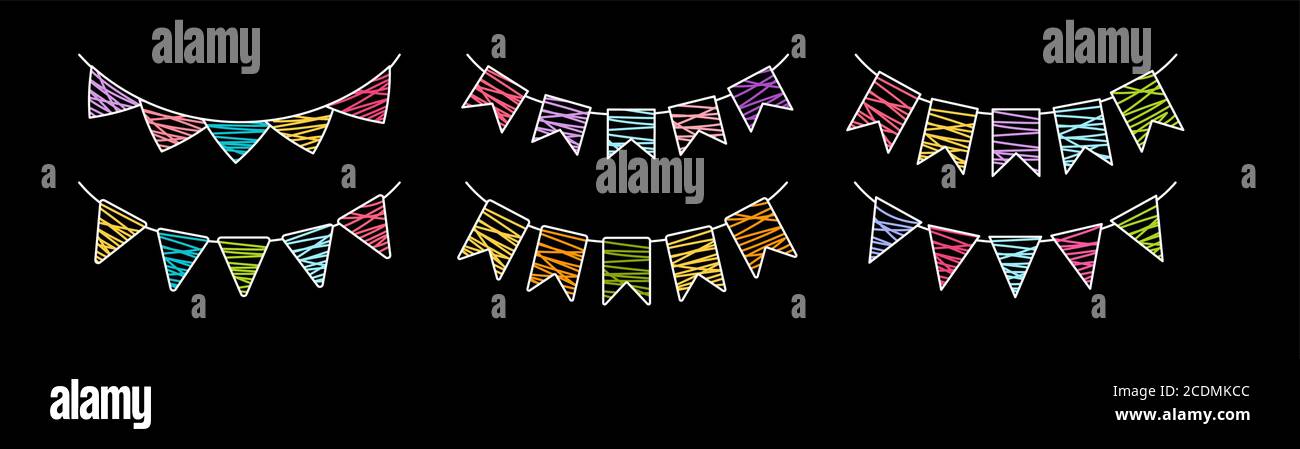 Flagge Girlande Bunting Geburtstag Party Linie Kreide Grafik Set. Jahrestag, Feier Party hängen Fahnen bunte Sammlung. Bunnings Wimpel Festival Dekoration. Isolierte Vektordarstellung Stock Vektor
