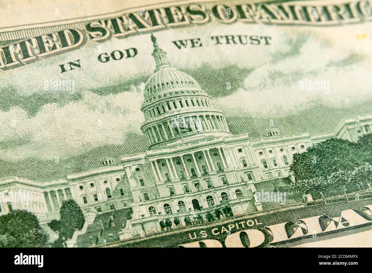 Makrofoto des US-Kapitolgebäudes auf der Rückseite eines 50-Dollar-Geldscheins. Stockfoto