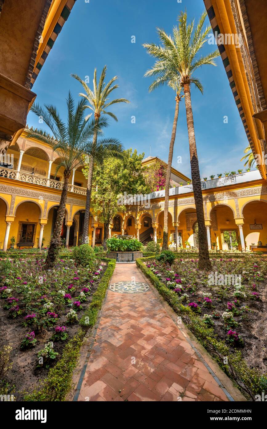 Patio mit Portikus, Innenhof mit Blumenbeeten und Palmen, andalusischer Adelspalast, Palacio de las Duenas, Sevilla, Andalusien, Spanien Stockfoto