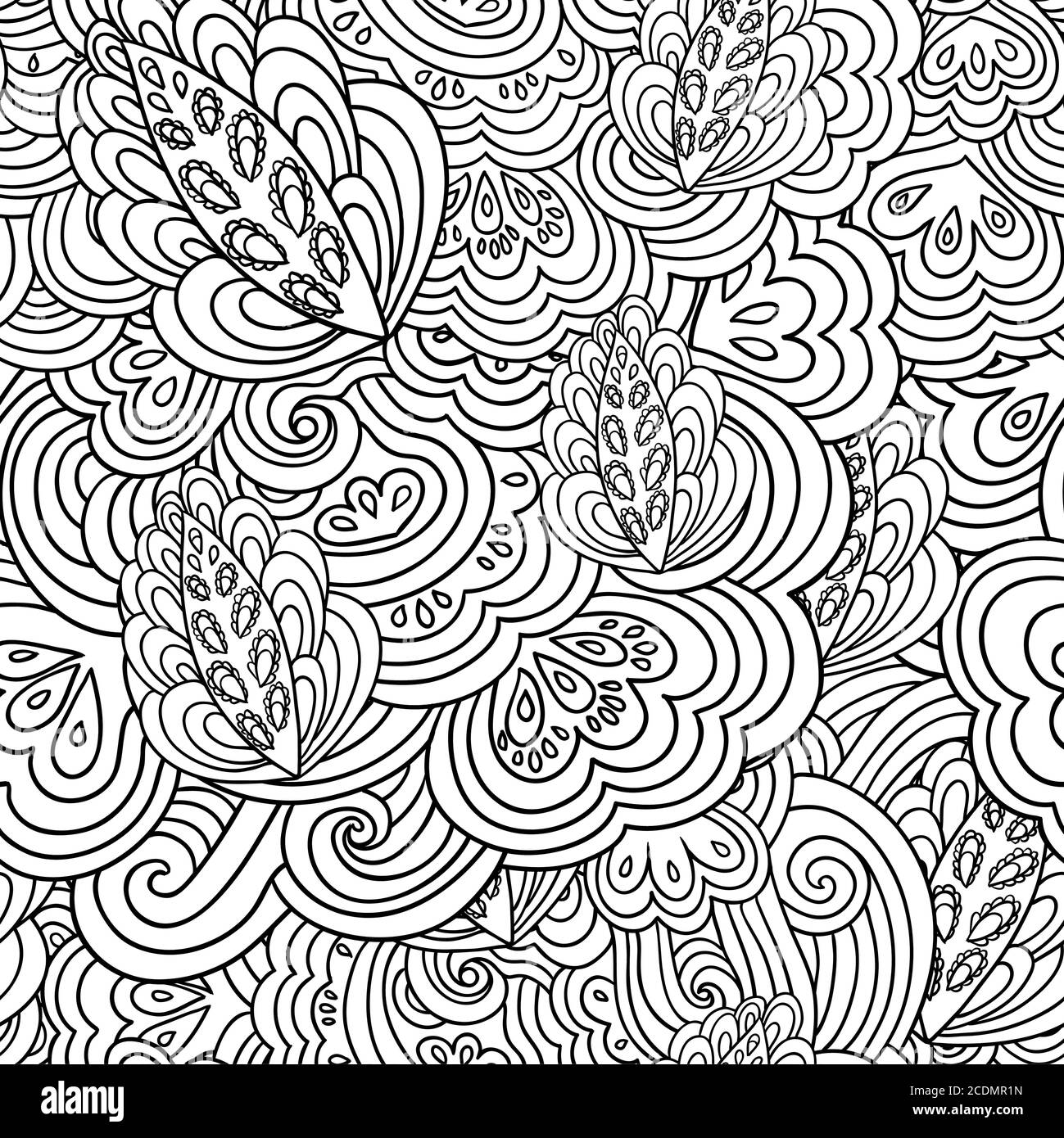 Nahtloses psychedelisches Muster mit verrückten schwarz-weißen Zierelementen. Stock Vektor