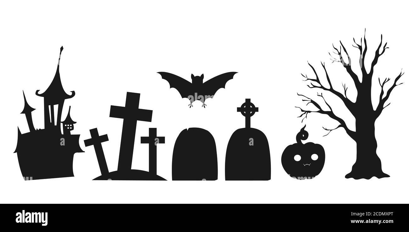 Set von Silhouetten von Halloween Landschaften Elemente. Isoliert auf weißem Hintergrund. Vektorgrafik. Sammlung von halloween Silhouetten Symbol. Stock Vektor