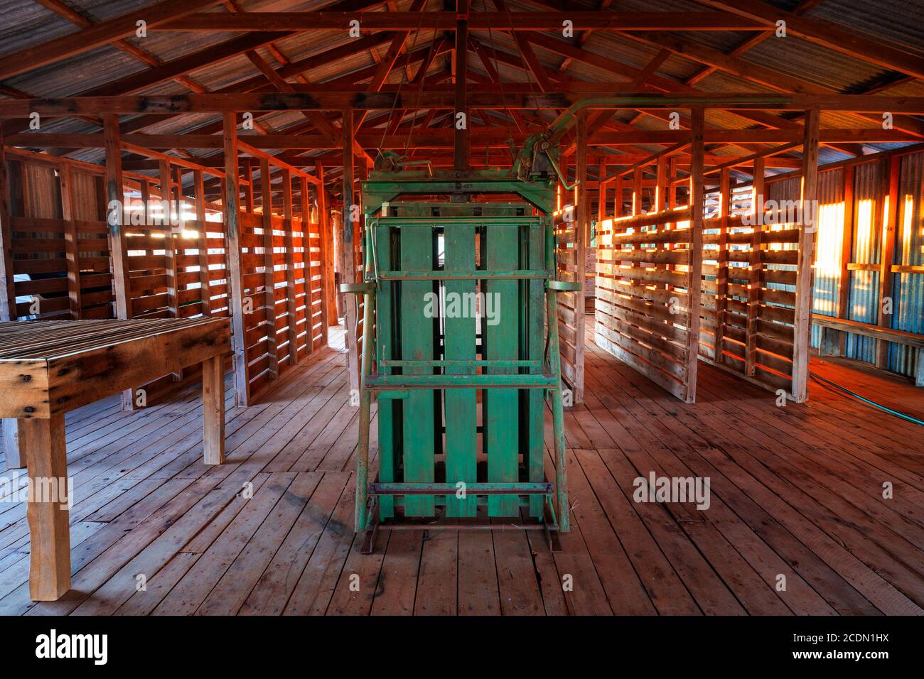 Green Wool Press im Inneren von Shearing Shed, Queensland, Australien Stockfoto