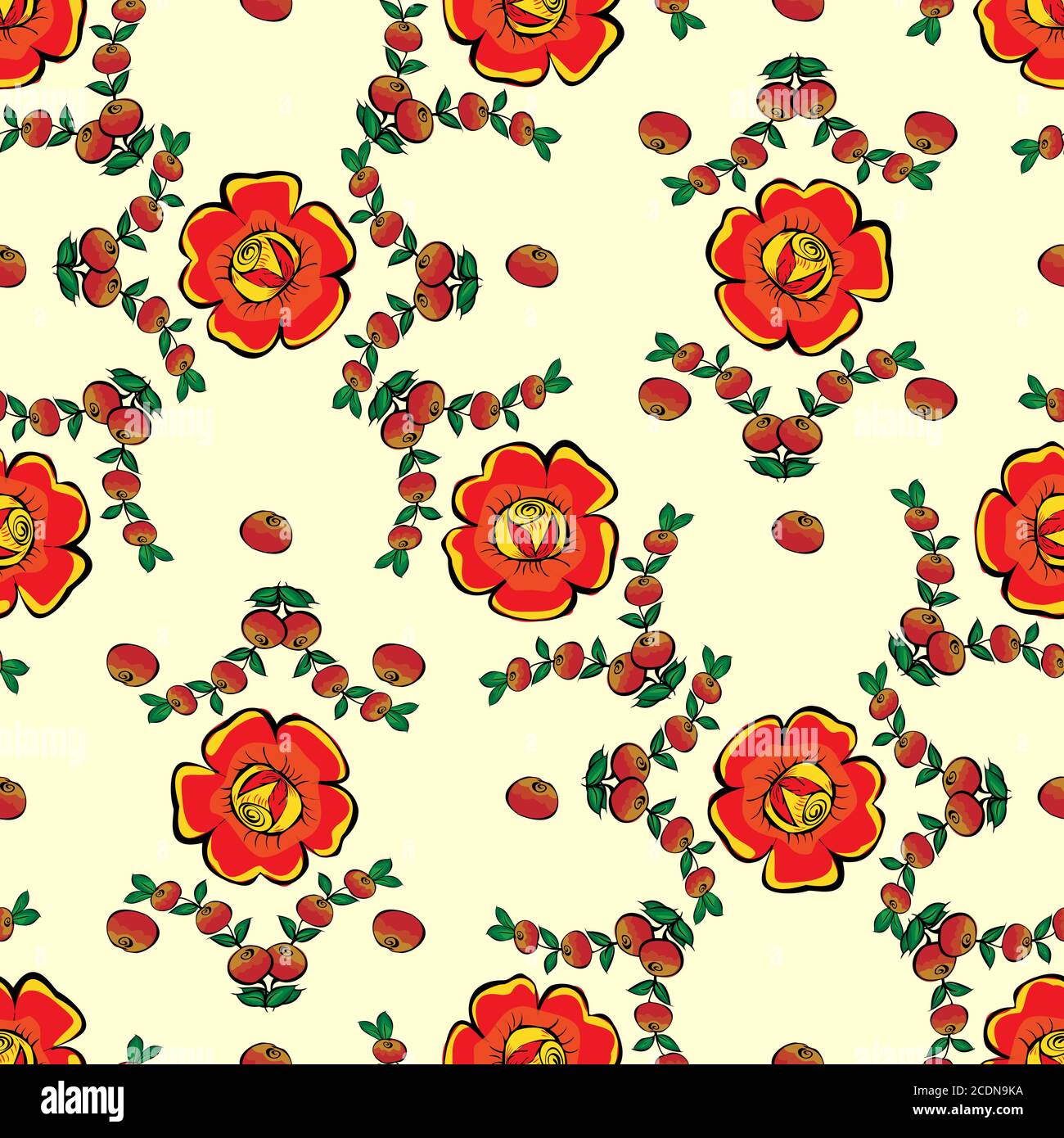 Rote Blüten und Beeren nahtlose Muster Hintergrund Stockfoto