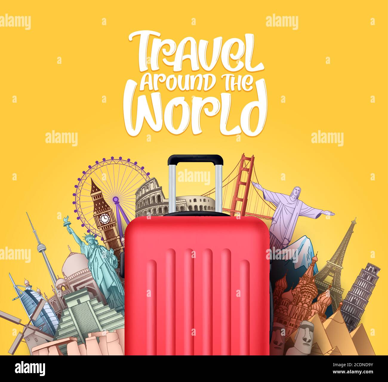 Reisen Sie um die Welt Vektor-Design. Reisen Sie in berühmten touristischen Wahrzeichen und um die Welt Attraktionen Elemente mit Gepäck Reisetasche Stock Vektor