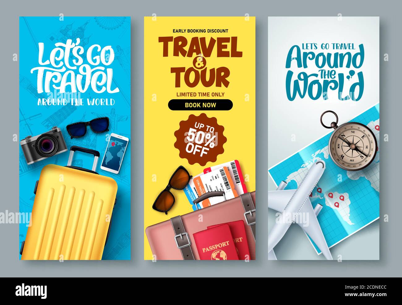 Reise Poster Vektor Hintergrund gesetzt. Reise und Tour mit Promo-Text und Reisen Elemente für Tourismus Werbegestaltung. Vektorgrafik. Stock Vektor
