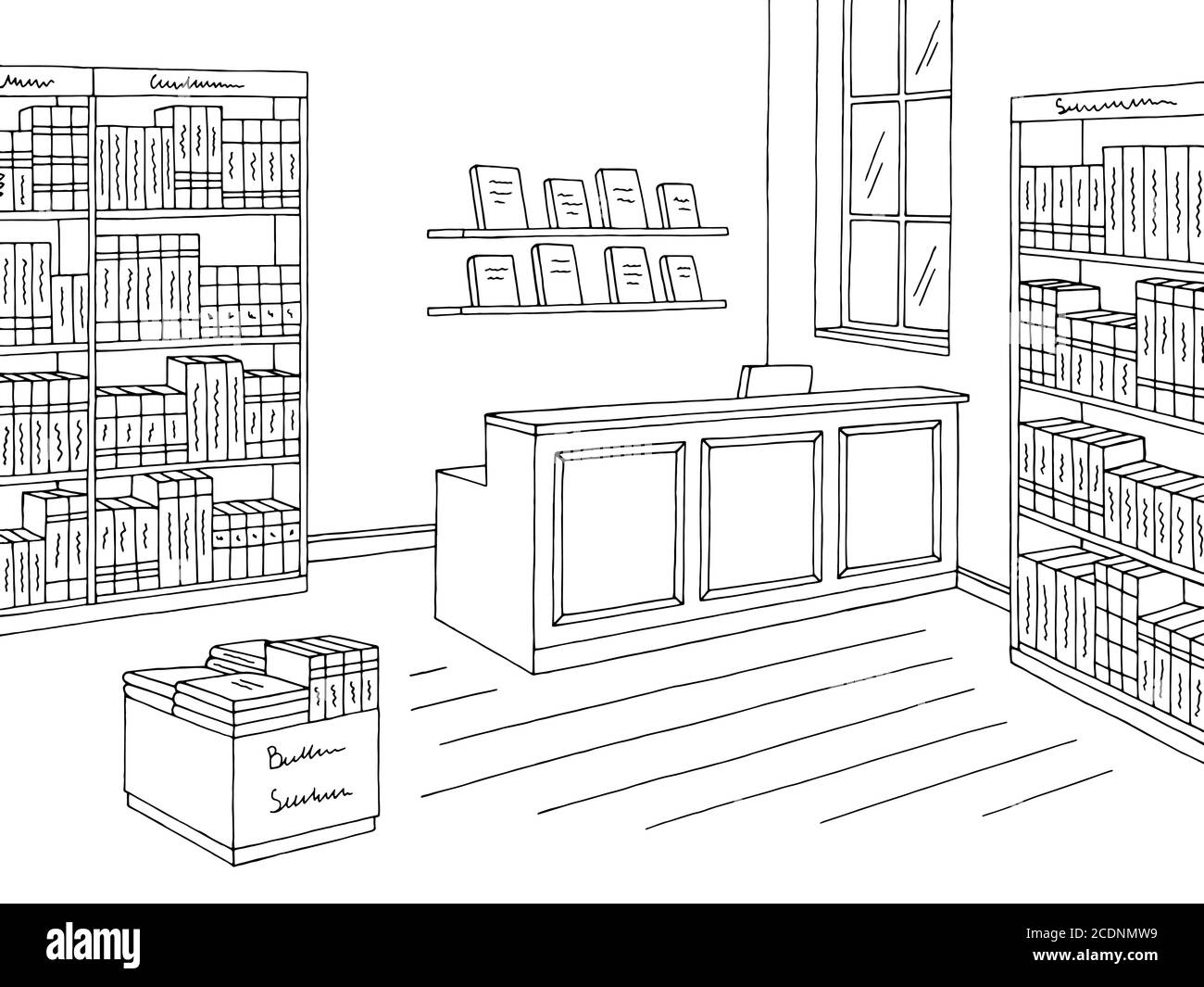 Buchladen Store Innengrafik schwarz weiß Skizze Illustration Vektor Stock Vektor