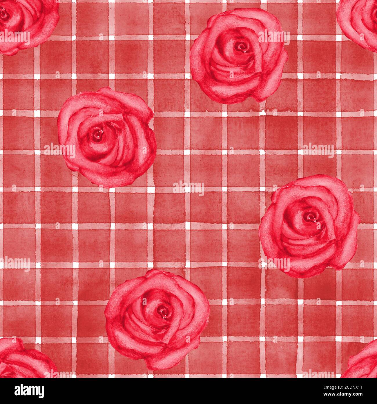 Hintergrund mit Aquarell rosa rote Rosen auf roten Streifen kariert nahtlose Muster. Aquarell handbemalt gestreift alte Grunge Textur. Print für textil Stockfoto