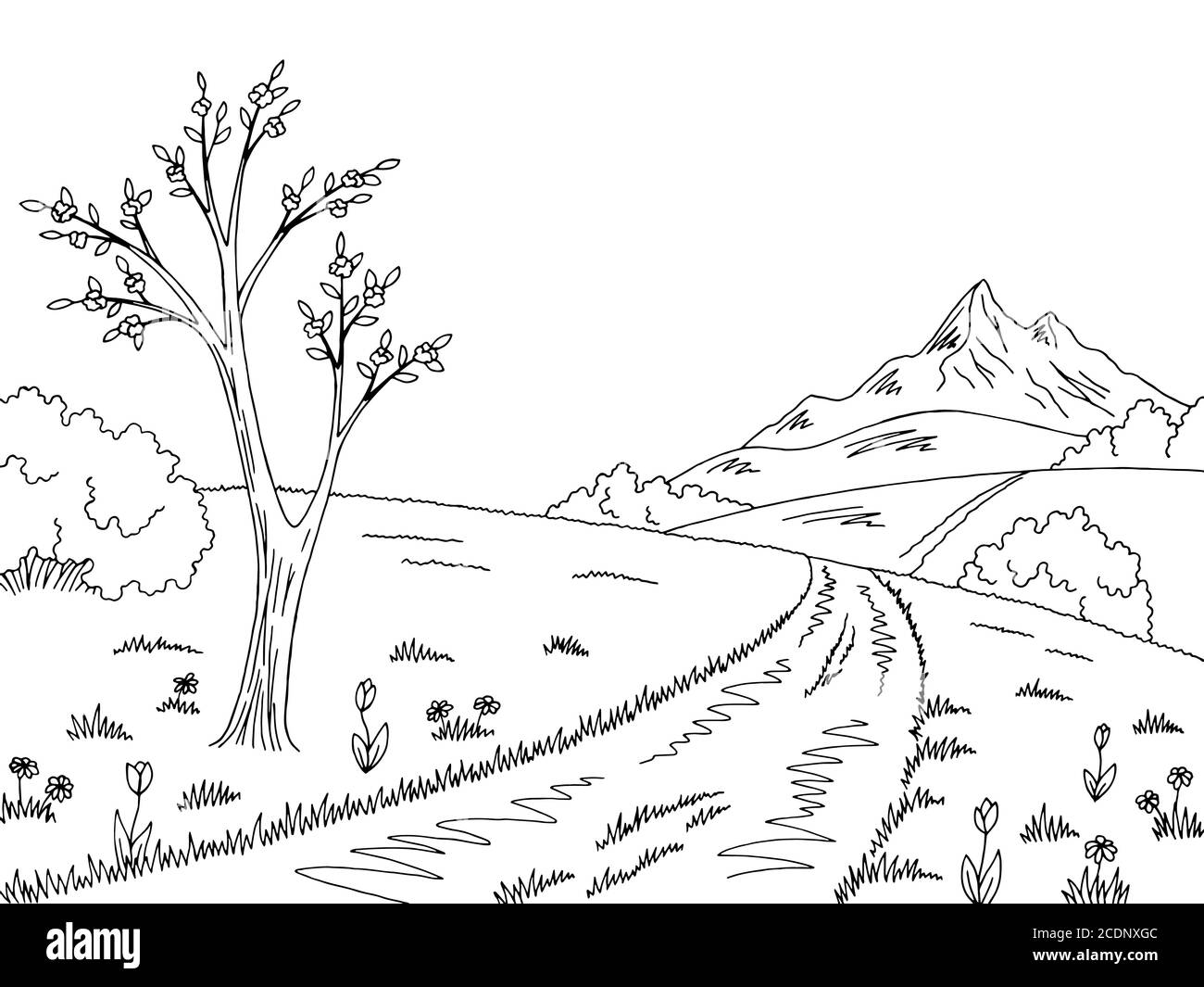 Mountain Road Grafik schwarz weiß Frühling Landschaft Skizze Illustration Vektor Stock Vektor