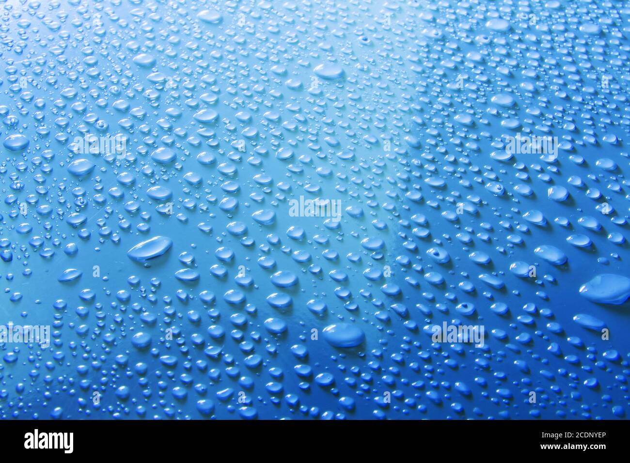 Wassertropfen auf blauem Untergrund Stockfoto