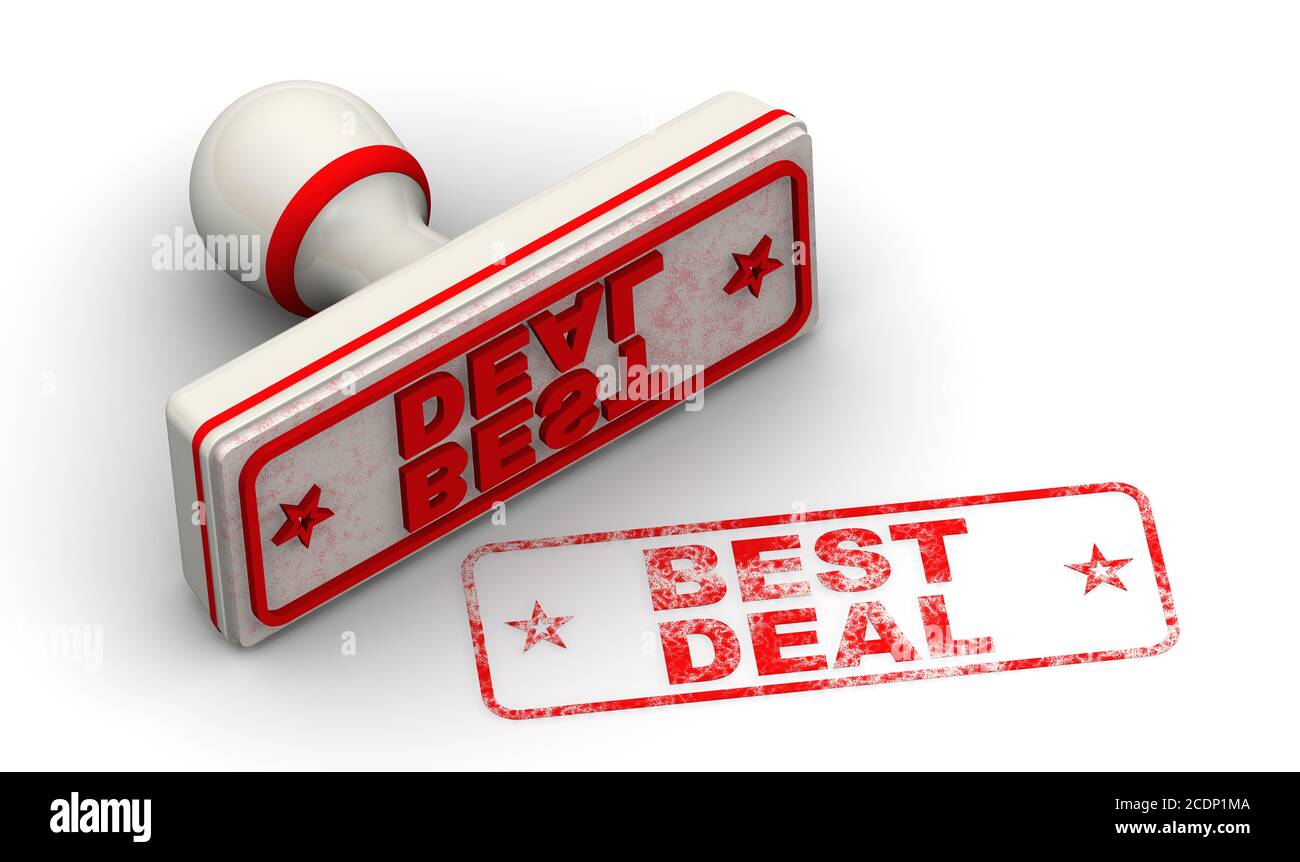 Bestes Angebot. Der Stempel und ein Aufdruck. Weißer Gummistempel und Aufdruck BEST DEAL auf weißer Oberfläche. 3D-Illustration Stockfoto