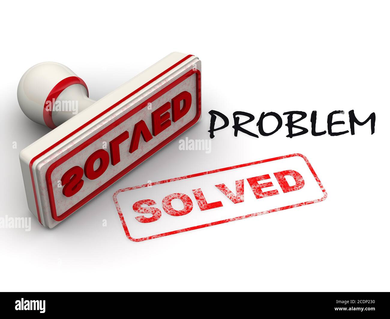 Problem gelöst. Schwarzes PROBLEMWORT und weißer Gummistempel und Aufdruck AUF weißer Oberfläche GELÖST. 3D-Illustration Stockfoto