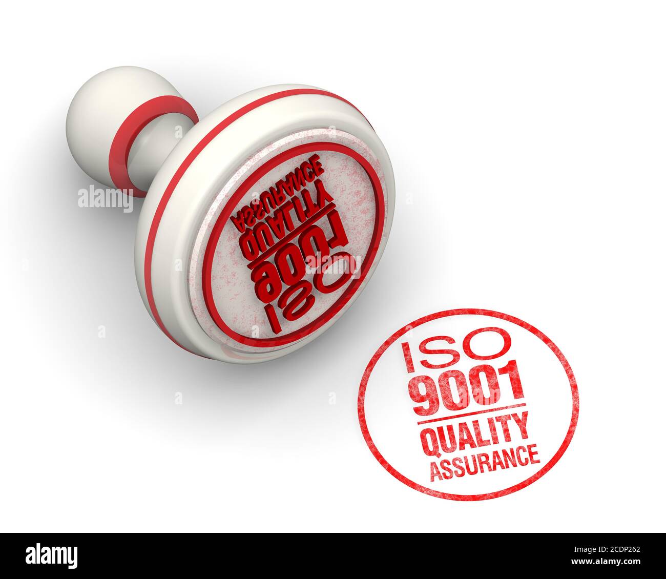 ISO 9001 Qualitätssicherung. Die runde Dichtung und ein Aufdruck. Eine rote runde Dichtung und roter Aufdruck mit Text ISO 9001. QUALITÄTSSICHERUNG auf weißer Oberfläche Stockfoto