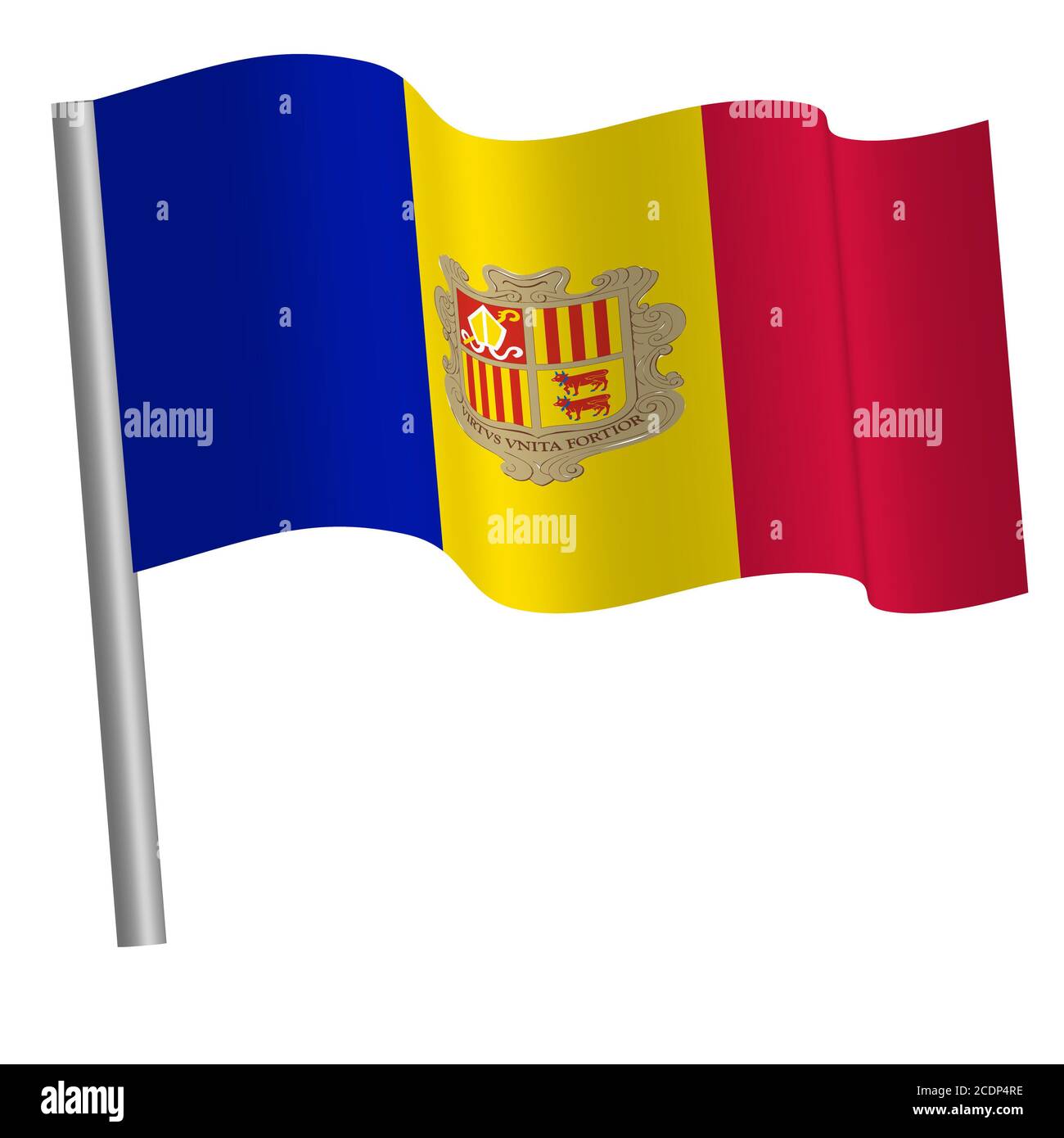 andorranische Flagge winkt auf einer Stange Stockfoto