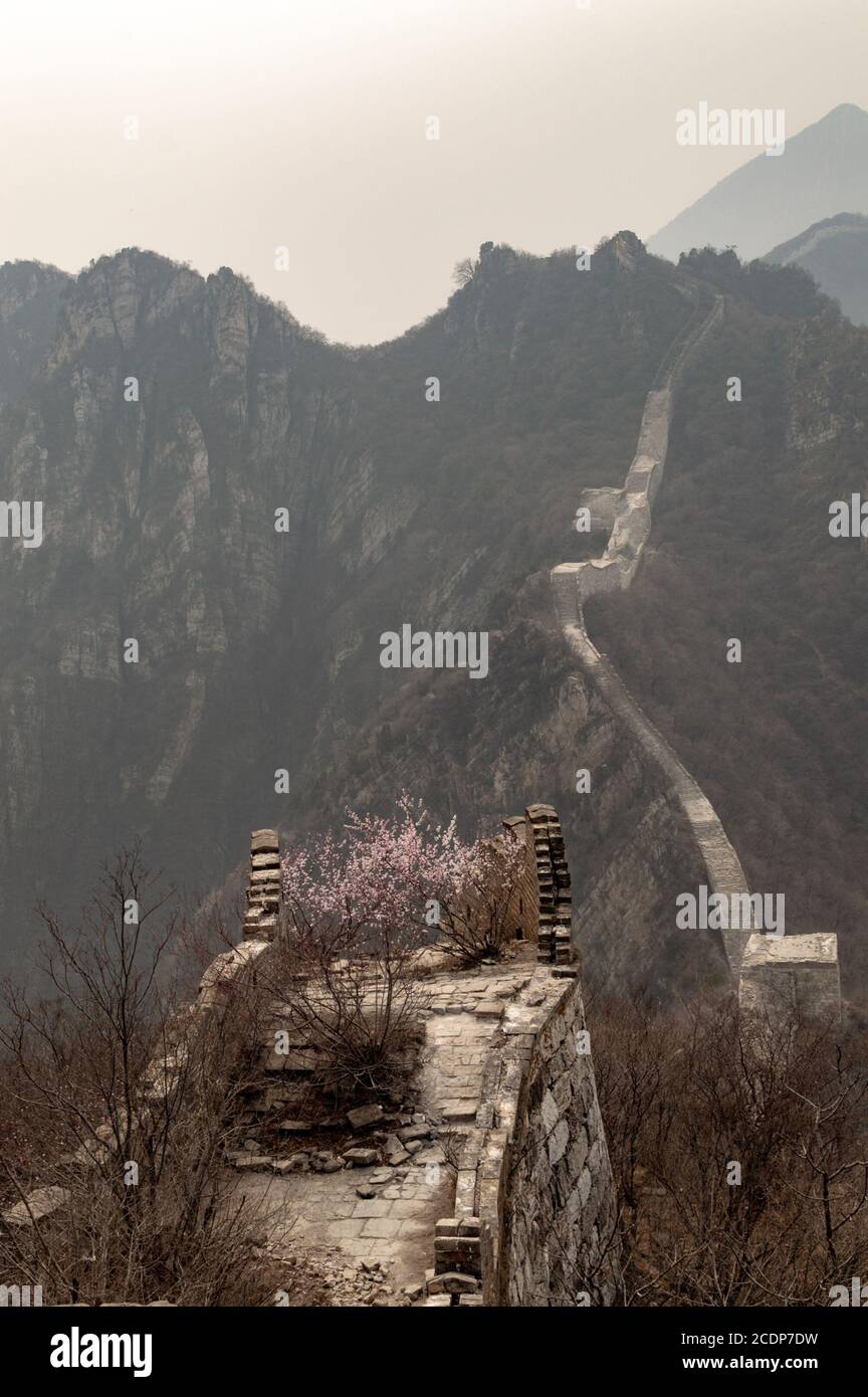 Jiankou, unrestaurierter Teil der Chinesischen Mauer im Huairou Bezirk nördlich von Peking, berühmt für seine steilen Berge Stockfoto