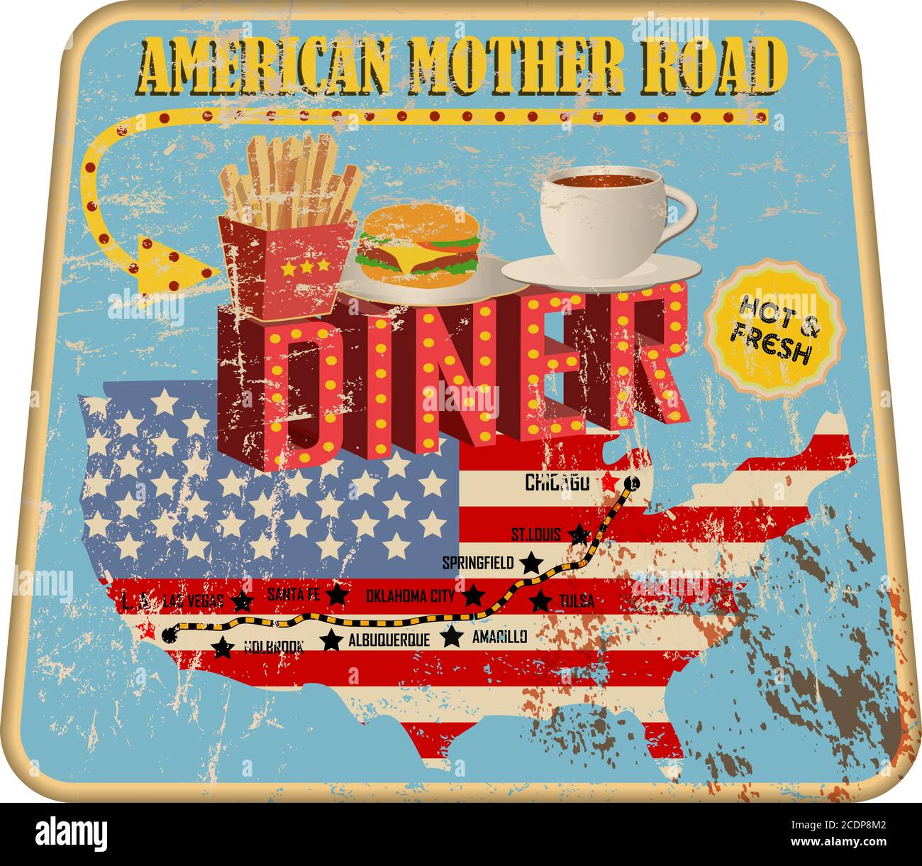 Grungy amerikanische Mutter Straße Diner Zeichen und Straßenkarte, retro grungy Vektor Illustration Stock Vektor
