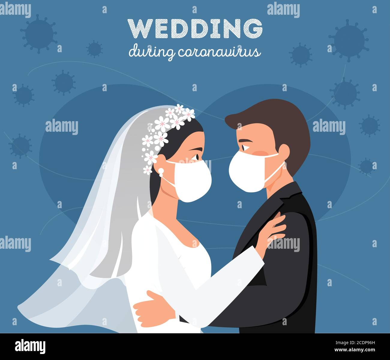 Hochzeitsquarantäne. Bräutigam und Braut tragen Schutzmaske auf Hochzeitstag Vektor-Illustration. Brautpaar tragen Maske während Coronavirus Stock Vektor