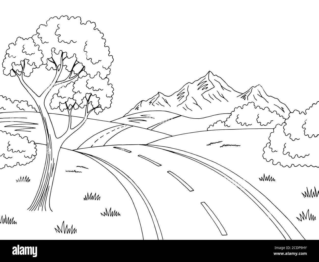 Mountain Road Grafik schwarz weiß Landschaft Skizze Illustration Vektor Stock Vektor