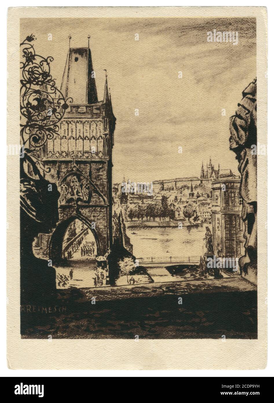 Deutsche historische Postkarte: Altstädter Brückenturm und Karlsbrücke über die Moldau, Prag, Praha, besetzte Tschechien, Drittes Reich, 1938-1940er Jahre Stockfoto
