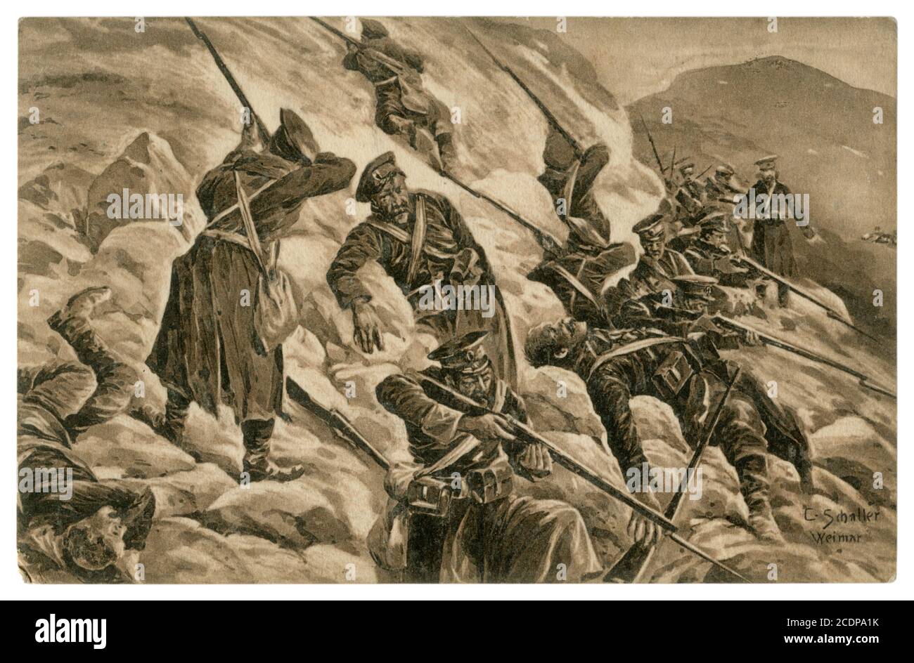 Deutsche Propaganda historische Postkarte: Niederlage der umgebenen russischen Teilung in den Karpaten. Soldaten kämpfen bis zum letzten Atemzug. 1915 Stockfoto