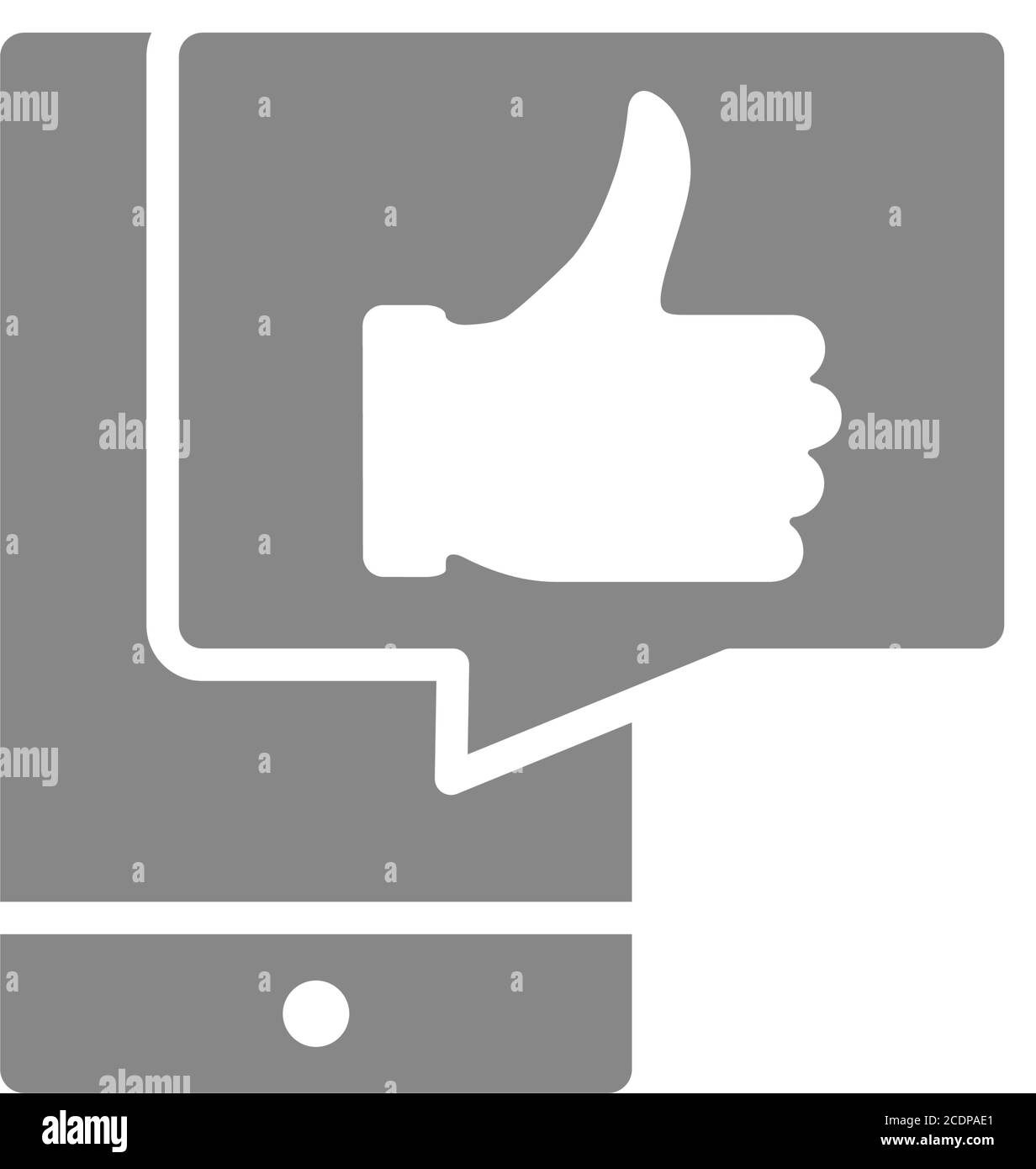 Smartphone mit Daumen nach oben in Sprechblase graues Symbol. Kundenbewertung, Feedback, Nachrichtensymbol Stock Vektor