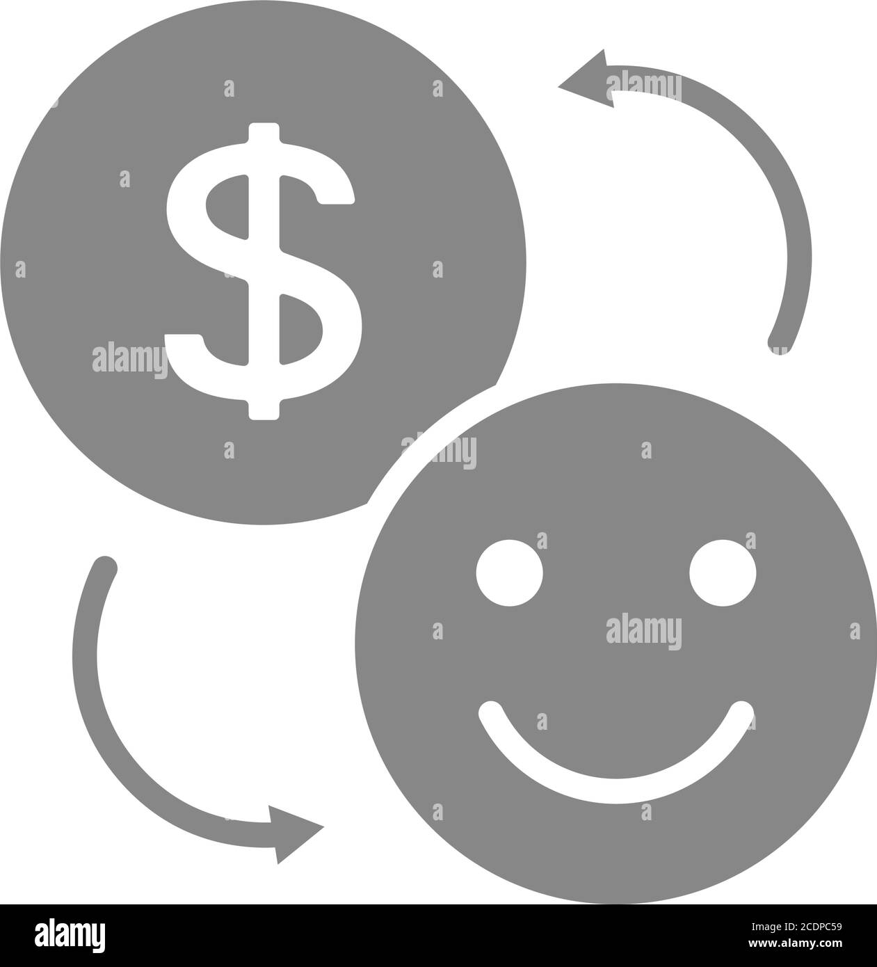 Münze und glückliches Smiley Gesicht graues Symbol. Tauschen Sie Glück auf Geld Symbol Stock Vektor