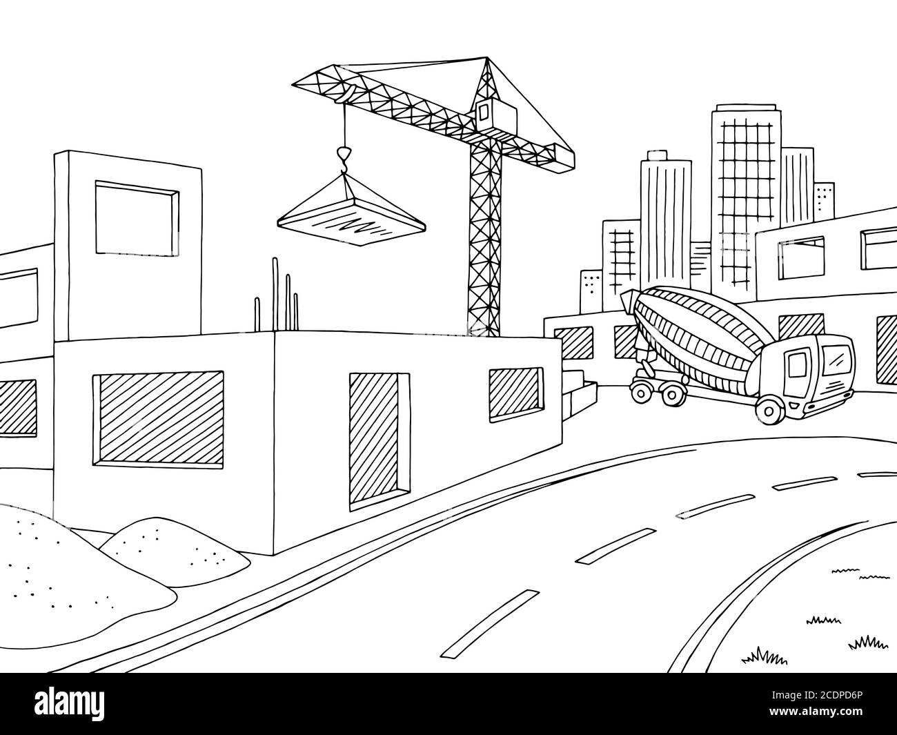 Gebäude Bau Grafik schwarz weiß Stadt Landschaft Skizze Illustration Vektor Stock Vektor