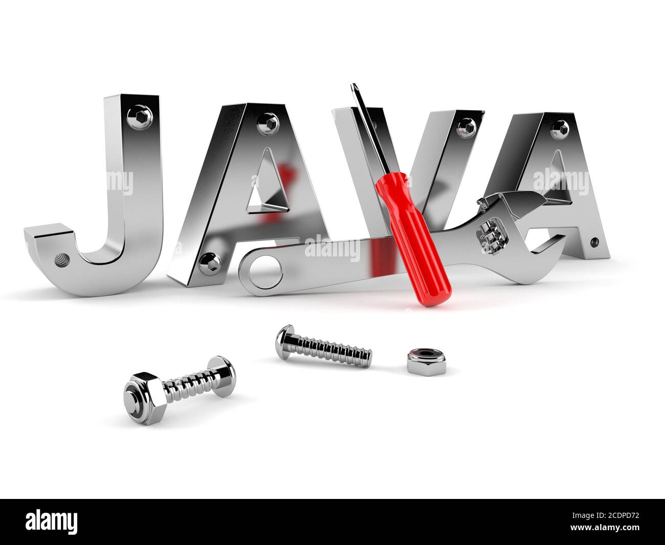 Java-Text mit Schrauben und Werkzeugen isoliert auf weißem Hintergrund Stockfoto