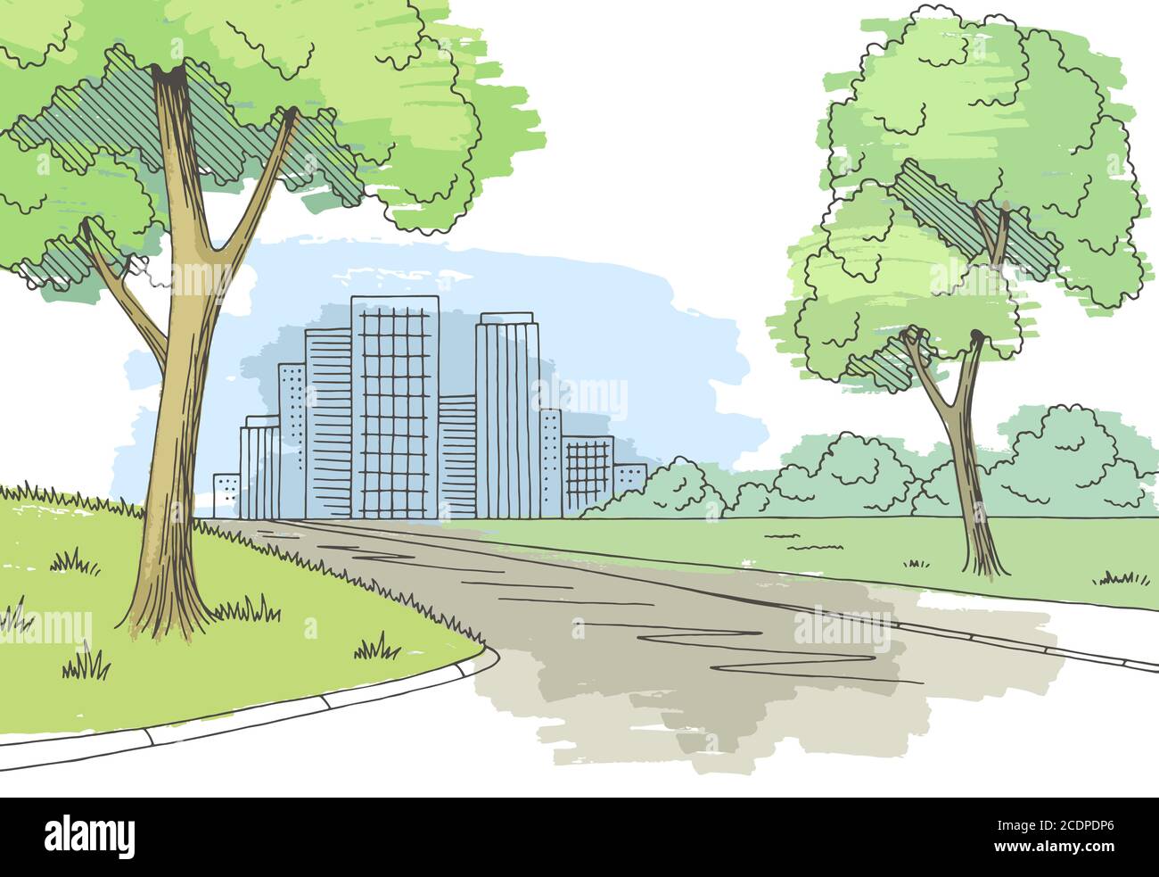 Straße Straße Grafik Farbe Stadt Landschaft Skizze Illustration Vektor Stock Vektor