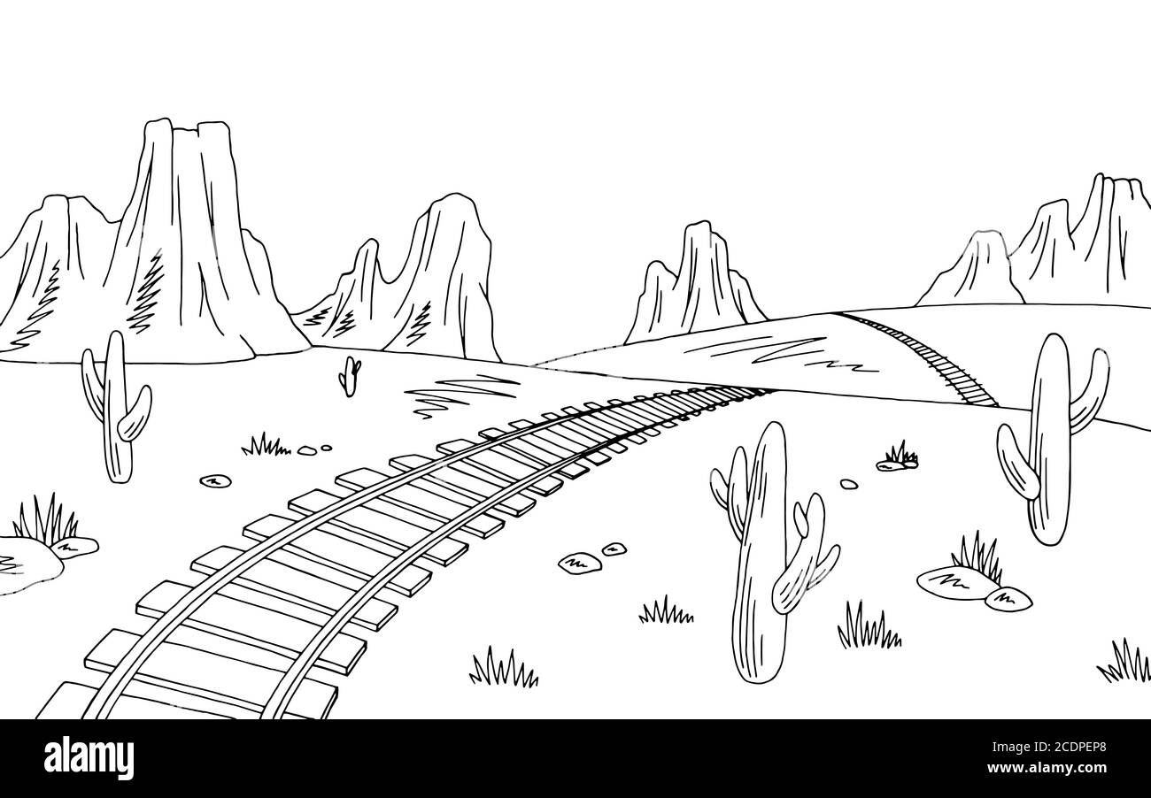 Prairie Eisenbahn Grafik schwarz weiß amerikanische Wüste Skizze Landschaft Illustration vektor Stock Vektor