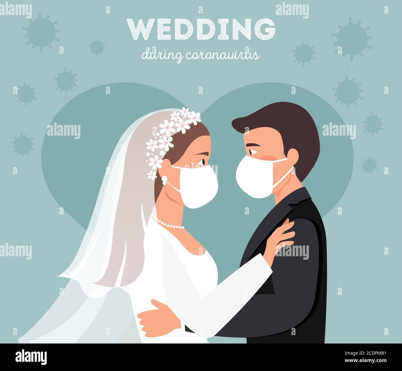 Hochzeitsquarantäne. Bräutigam und Braut tragen Schutzmaske auf Hochzeitstag Vektor-Illustration. Brautpaar tragen Maske während Coronavirus Stock Vektor
