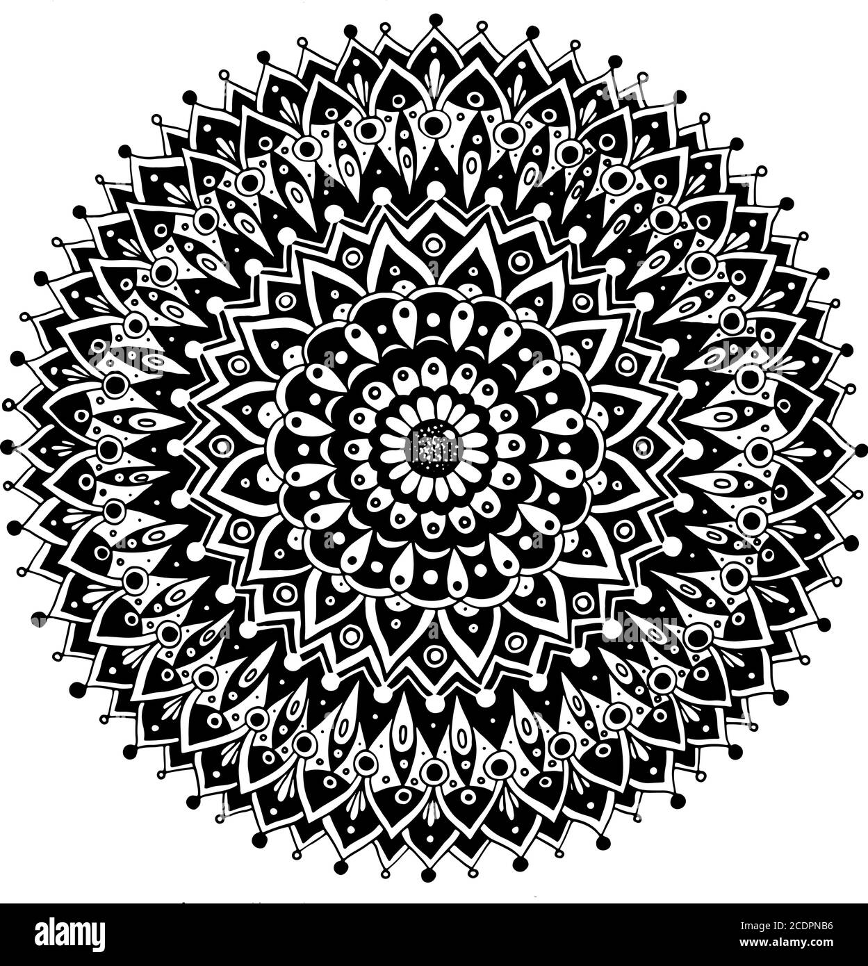 Mandala mit Blumendudel. Heilige Geometrie. Linie schwarz-weiß realistische Zeichnung. Antistress Malvorlagen für Erwachsene. Vektorgrafik. Stock Vektor
