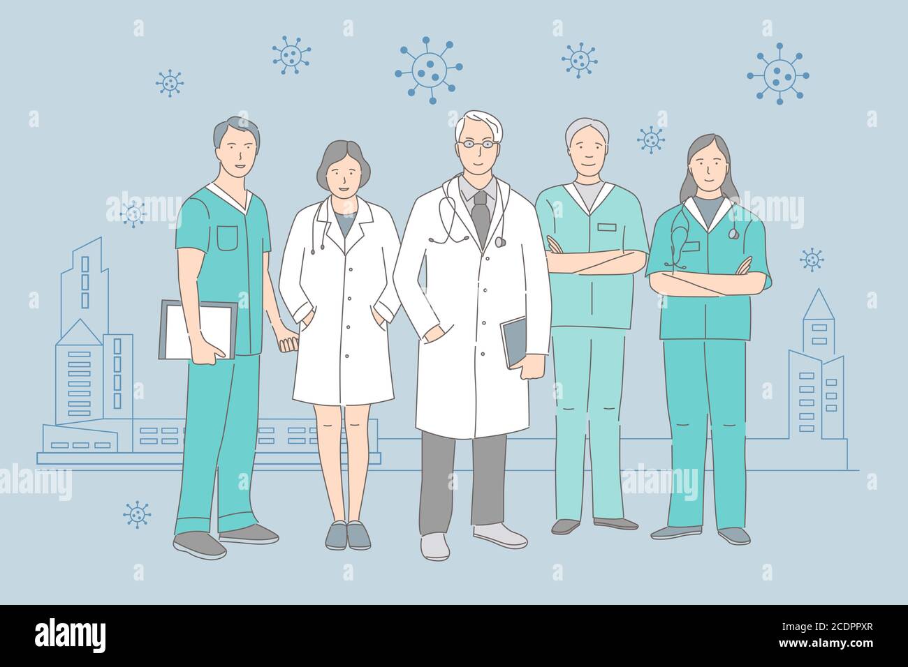 Gruppe von glücklich lächelnden Ärzten und Krankenschwestern zusammen auf dem Hintergrund der Pandemie Stadt Vektor Cartoon skizzieren Illustration stehen. Medizinisches Personal während des Ausbruchs des Coronavirus Covid-19. Stock Vektor