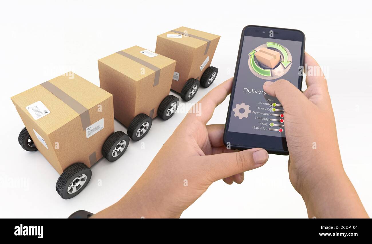 3D-Rendering einer Smartphone Delivery Tracking App Pakete auf Der Hintergrund Stockfoto
