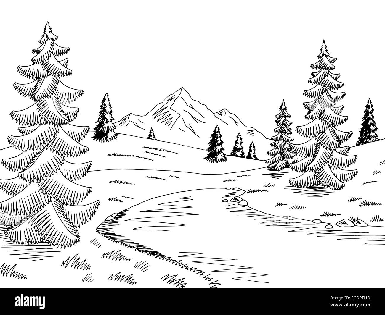 Berg See Grafik schwarz weiß Landschaft Skizze Illustration Vektor Stock Vektor