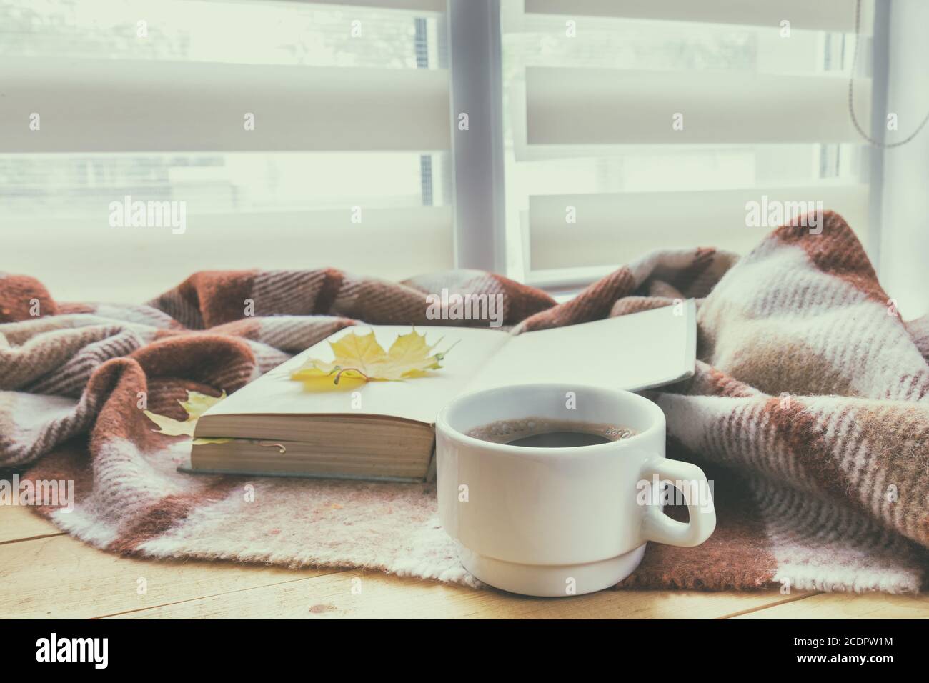 Tasse Kaffee und Buch mit Herbstgelb Blatt umgeben Wolldecke auf Fensterbank Stockfoto