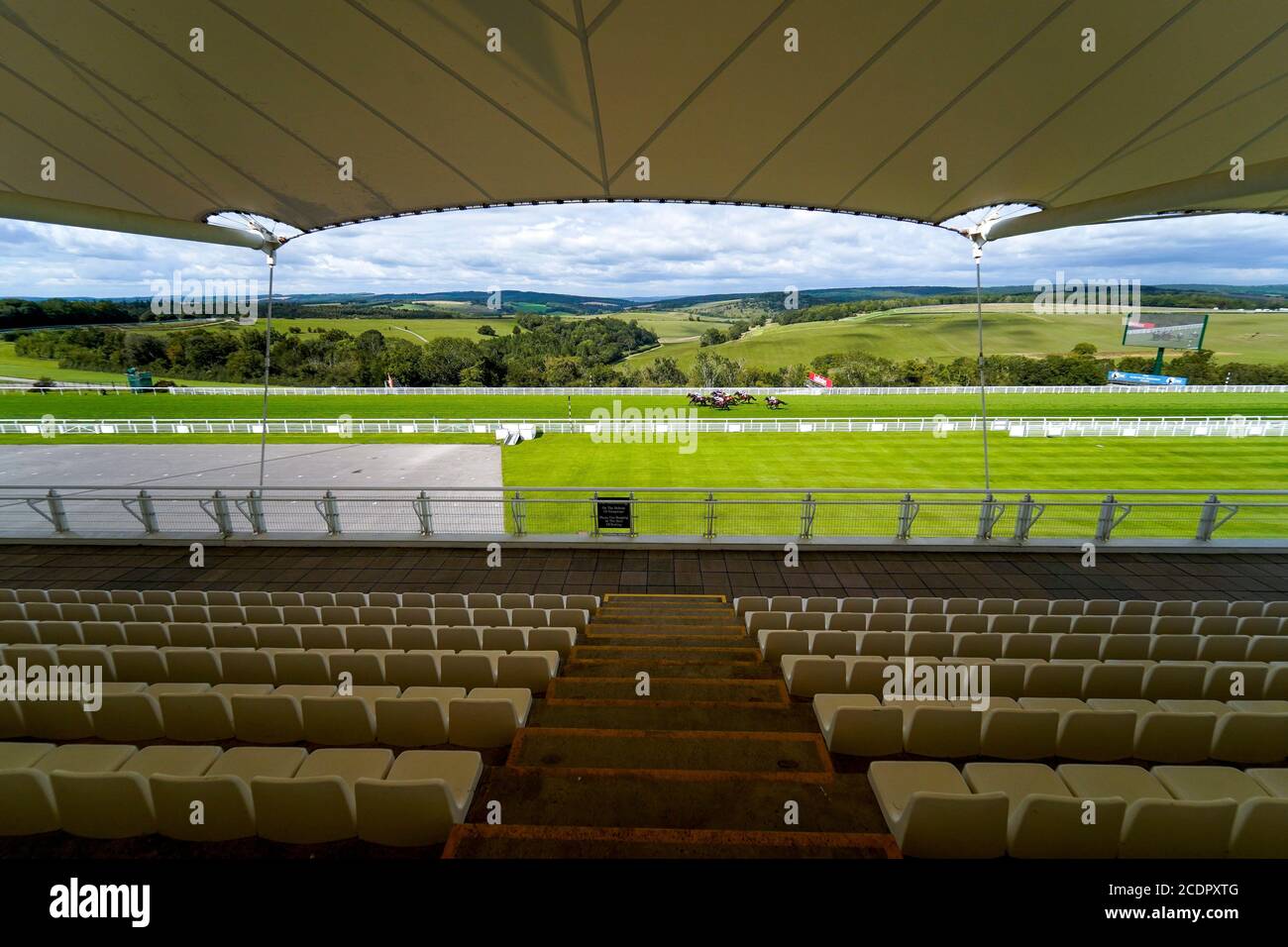Ein allgemeiner Blick vom leeren Sussex-Stand, als Läufer und Fahrer in Richtung Ziel im Brian Chattaway Rennen, das 50 Jahre im Ladbrokes Handicap auf der Goodwood Racecourse feiert. Stockfoto